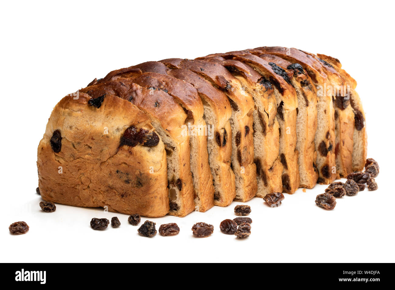 Sliced  Irish fruit loaf with sultanas and cherries isolated on white Stock Photo