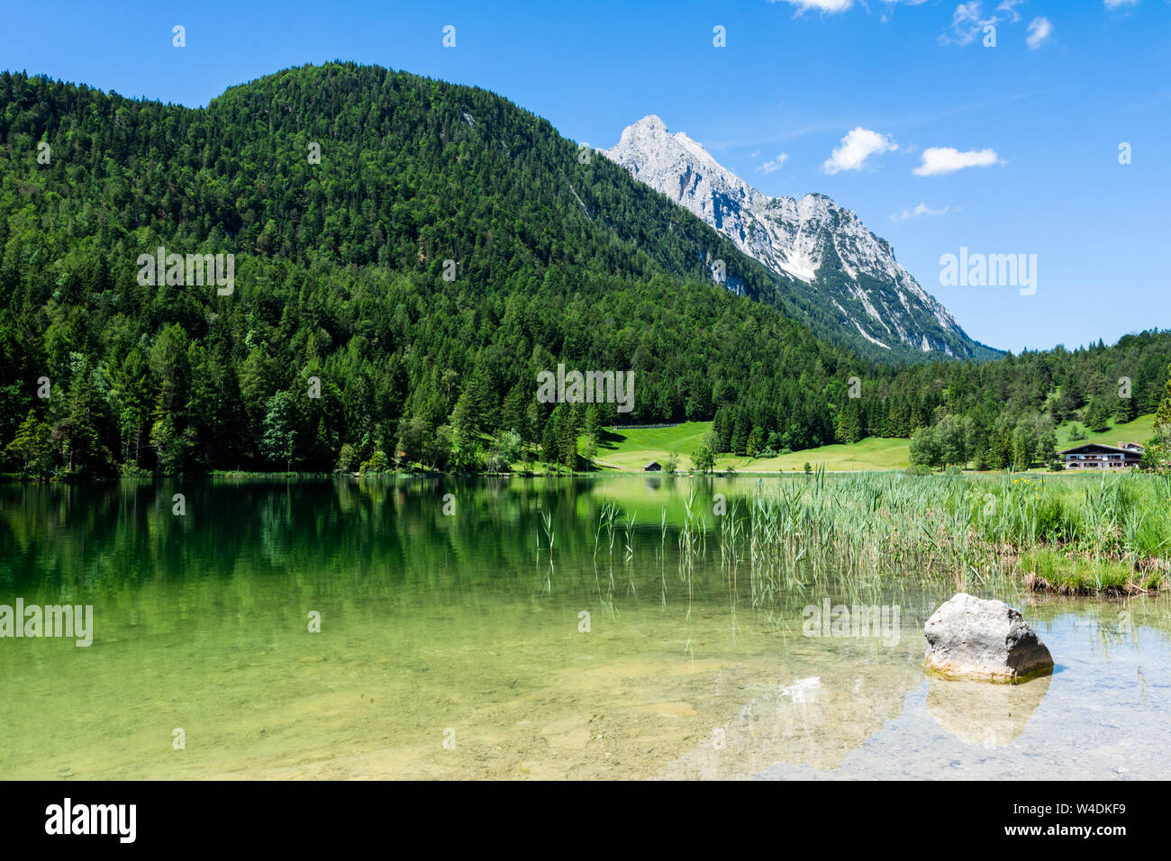 The idyllic lake Lautersee in the Karwendel Mountains of the Bavarian alps. Stock Photo
