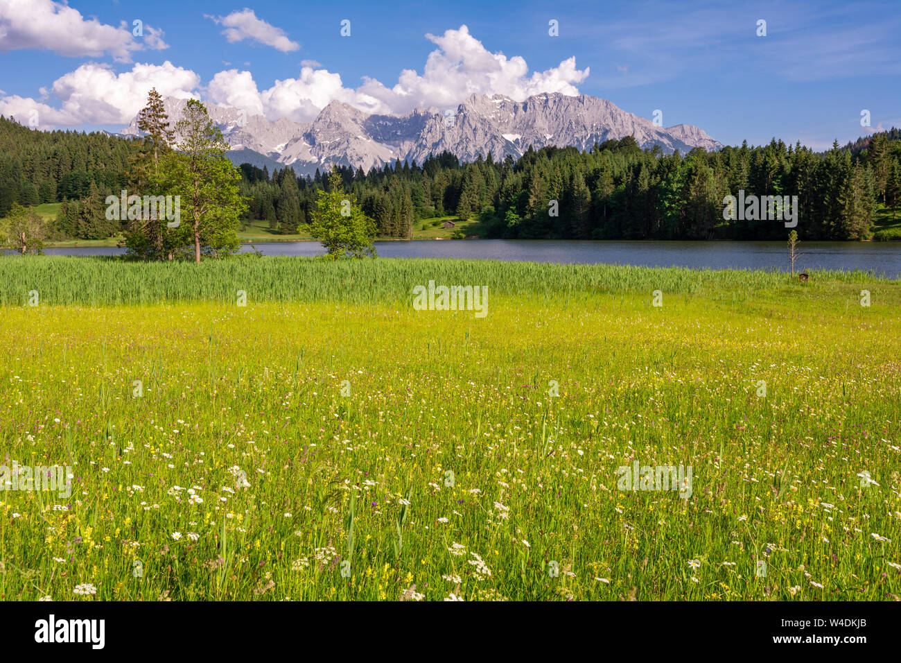 The idyllic lake Geroldsee in the Karwendel Mountains of the Bavarian alps. Stock Photo
