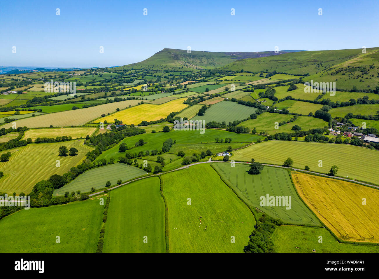 Aerial view of green fields and farmlands in rural Wales Stock Photo