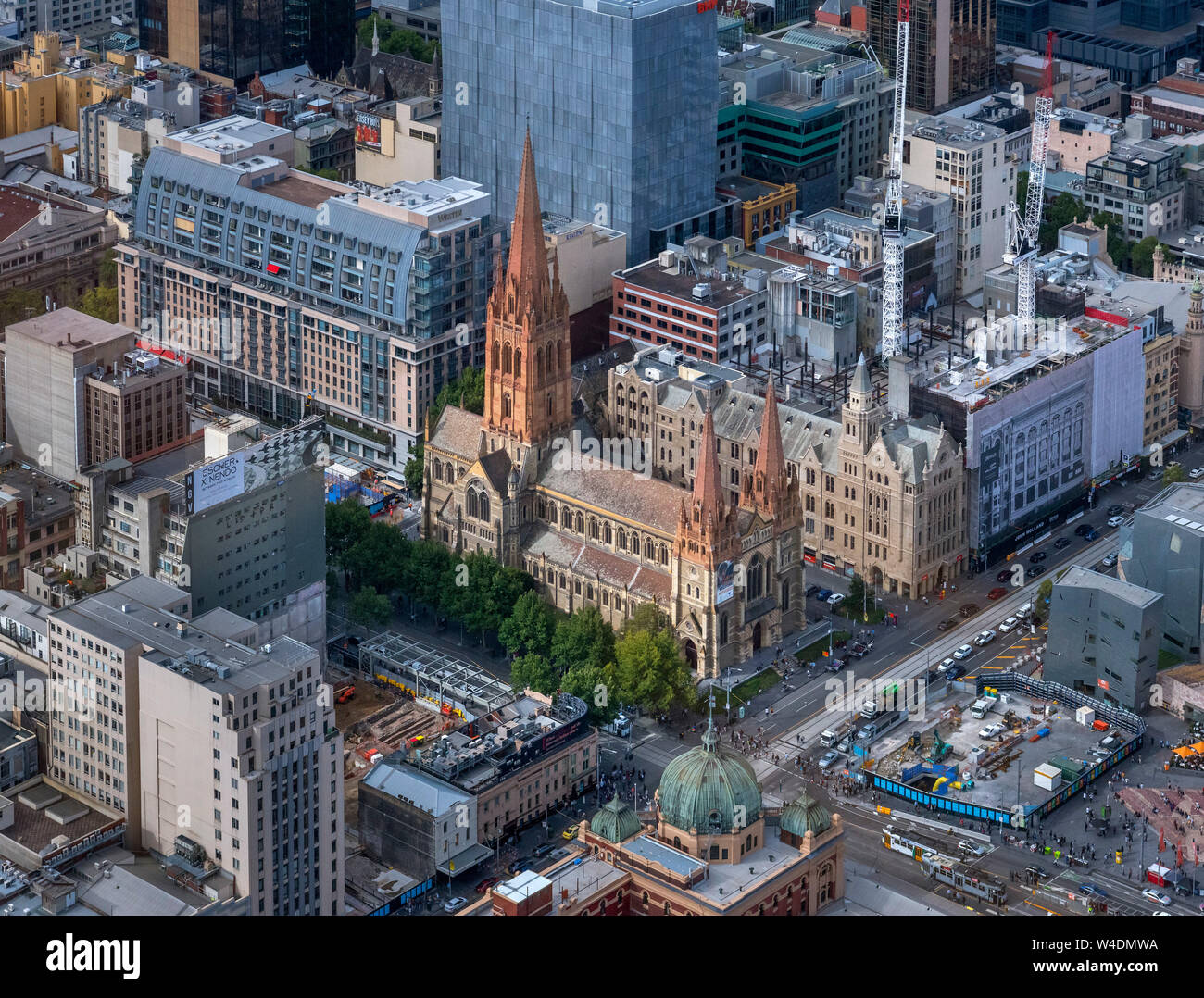 Aerial view of St Paul's Cathedral viewed from the Eureka Tower, Central Business District (CBD), Melbourne, Victoria, Australia Stock Photo