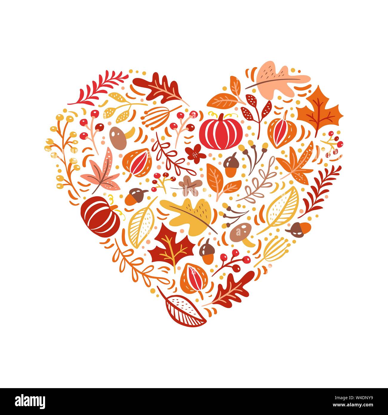 Vector autumn elements made in heart love. Mushroom, acorn, maple leaves and pumpkin isolated on white background. Perfect for seasonal holidays Stock Vector