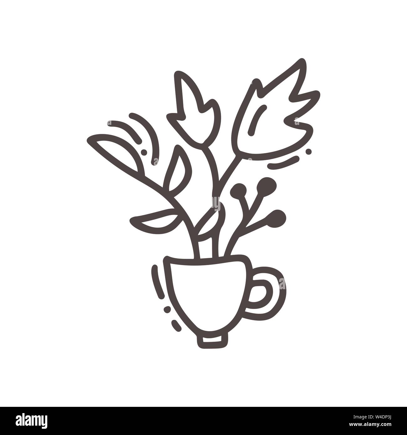 Hand drawn vector doodle illustration of tea cup. Mug icon line symbol. Monoline quality sketch art with leaves and berries Stock Vector