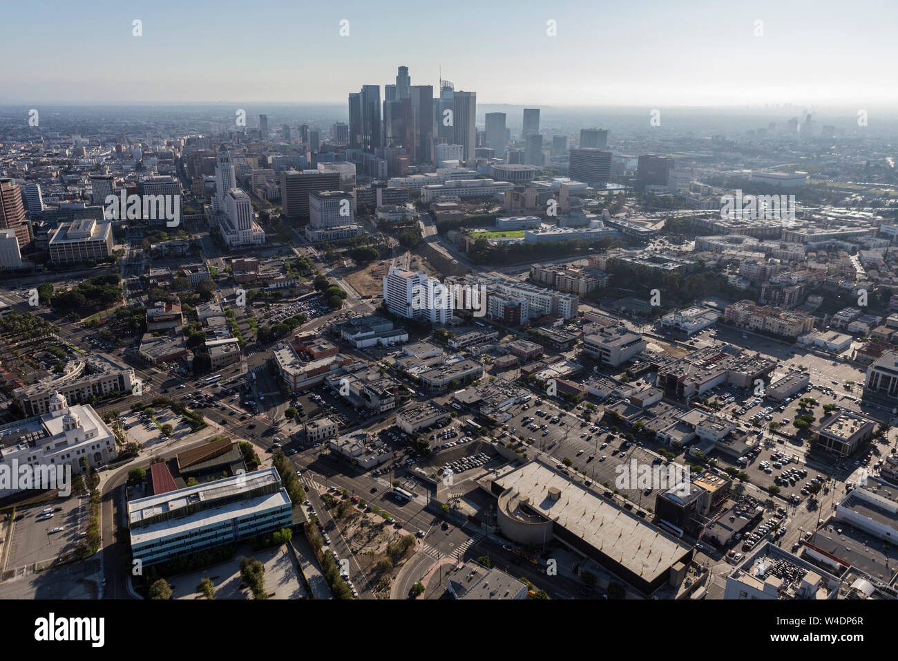 Smoggy afternoon aerial of buildings and streets north of downtown Los Angeles, California. Stock Photo
