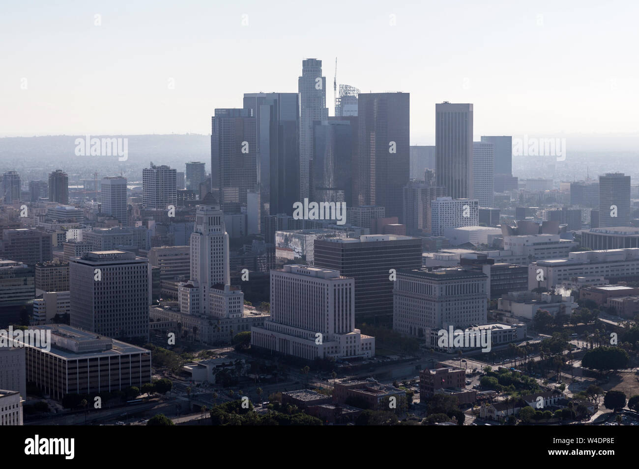 Smoggy afternoon aerial of buildings and streets in downtown Los Angeles, California. Stock Photo