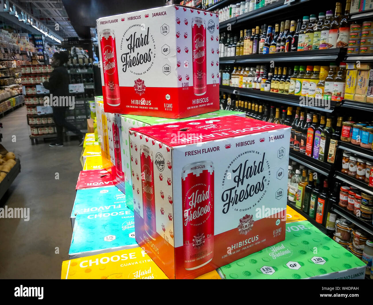Cases of Hard Frescos brand hard seltzer  in a supermarket in New York on Friday, July 19, 2019. Analysts are predicting that 2019 will be the summer of hard seltzer as a number of major beer brewers get into the space as well as numerous small brewers. (© Richard B. Levine) Stock Photo
