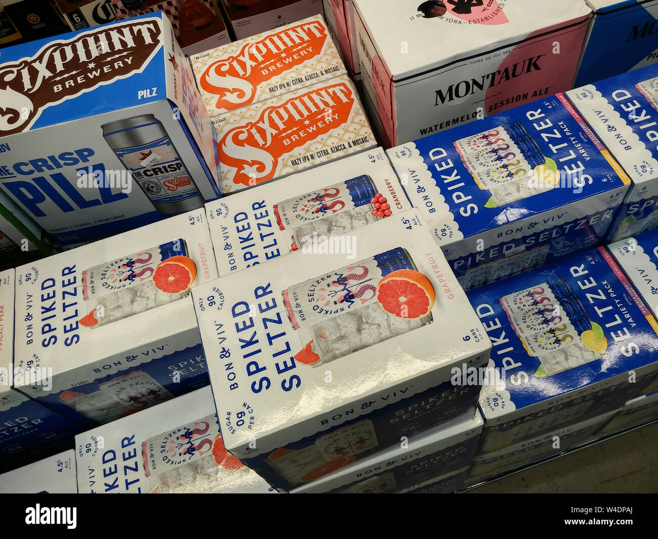 Cases of Bon & Viv brand hard seltzer  in a supermarket in New York on Friday, July 19, 2019. Analysts are predicting that 2019 will be the summer of hard seltzer as a number of major beer brewers get into the space as well as numerous small brewers. (© Richard B. Levine) Stock Photo