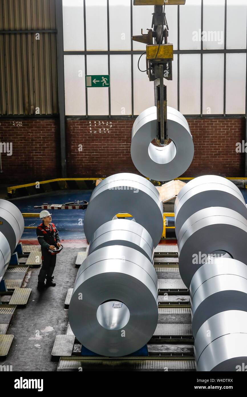 Steel coils in a warehouse, ThyssenKrupp Steel, Duisburg, Ruhr area, North Rhine-Westphalia, Germany Stock Photo