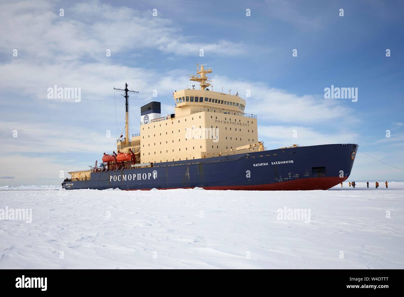 Russian icebreaker Kapitan Khlebnikov, parked in sea ice near Cockburn Island, Weddell Sea, Antarctica Stock Photo