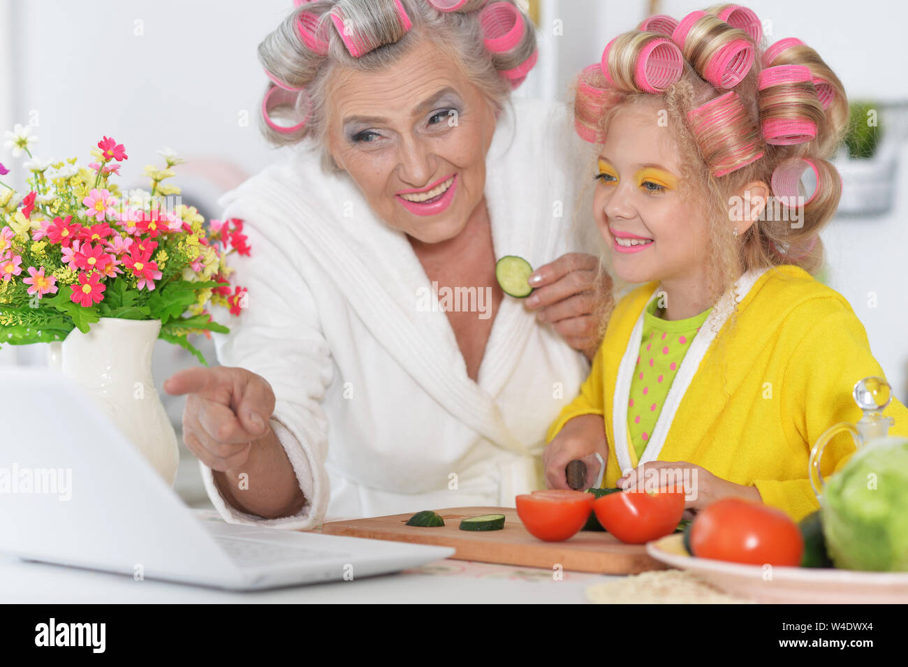 Portrait of senior woman and girl using laptop Stock Photo - Alamy
