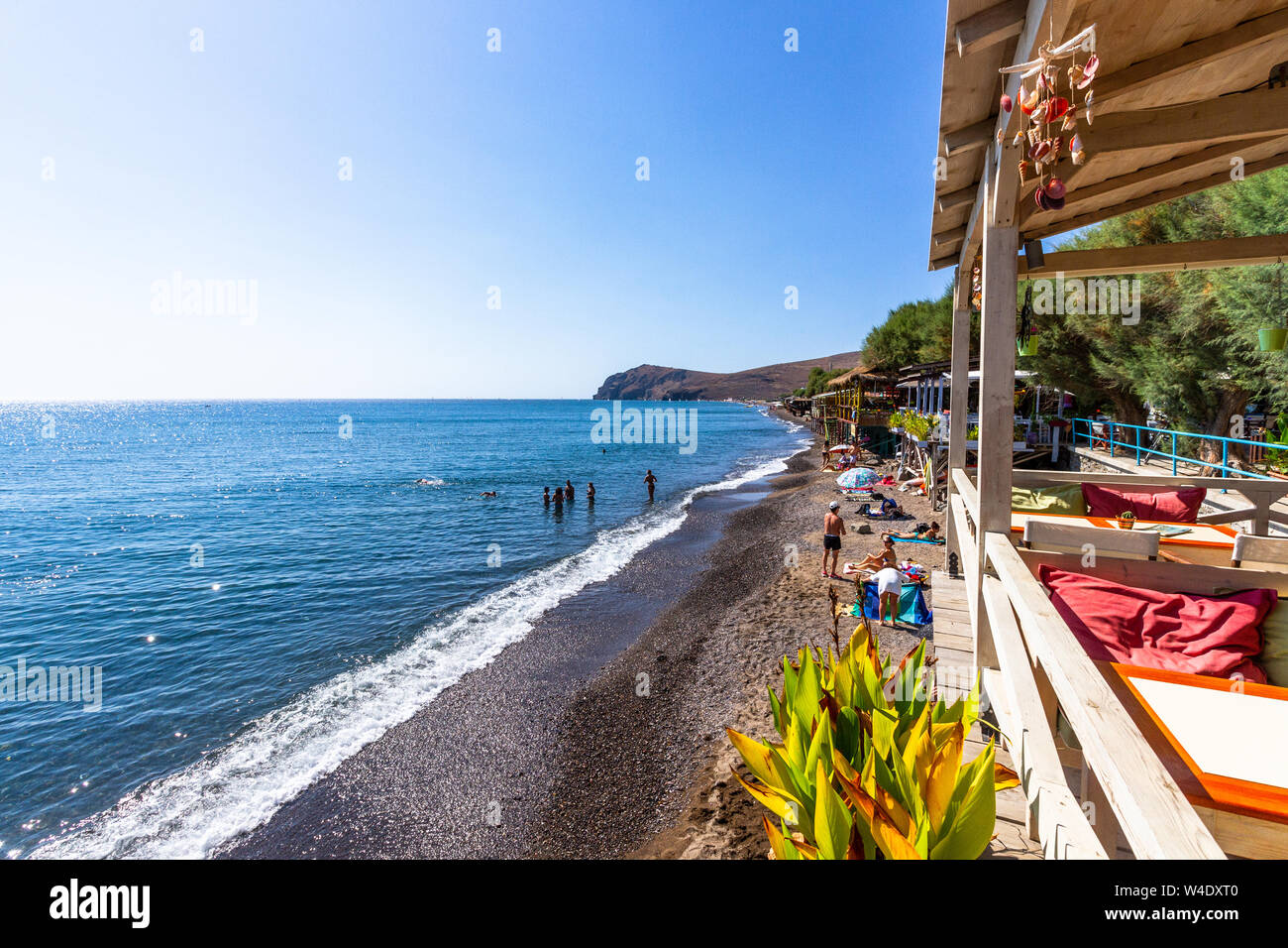 At the beach bars of Skala Eressos, of the most popular touristic destinations in Lesbos island, Greece. Stock Photo