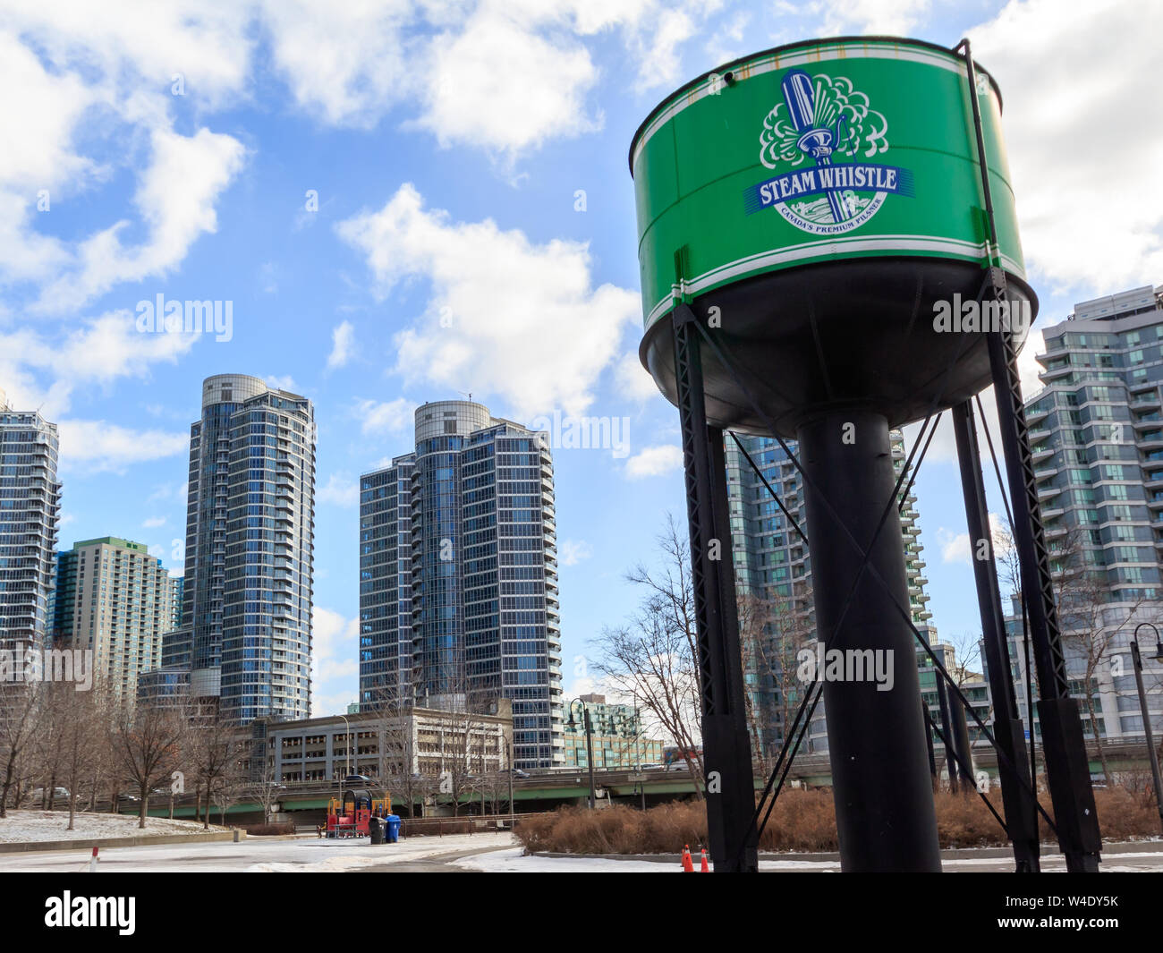 Steam Whistle Brewing tank beside the brewhouse at Roundhouse Park. Stock Photo