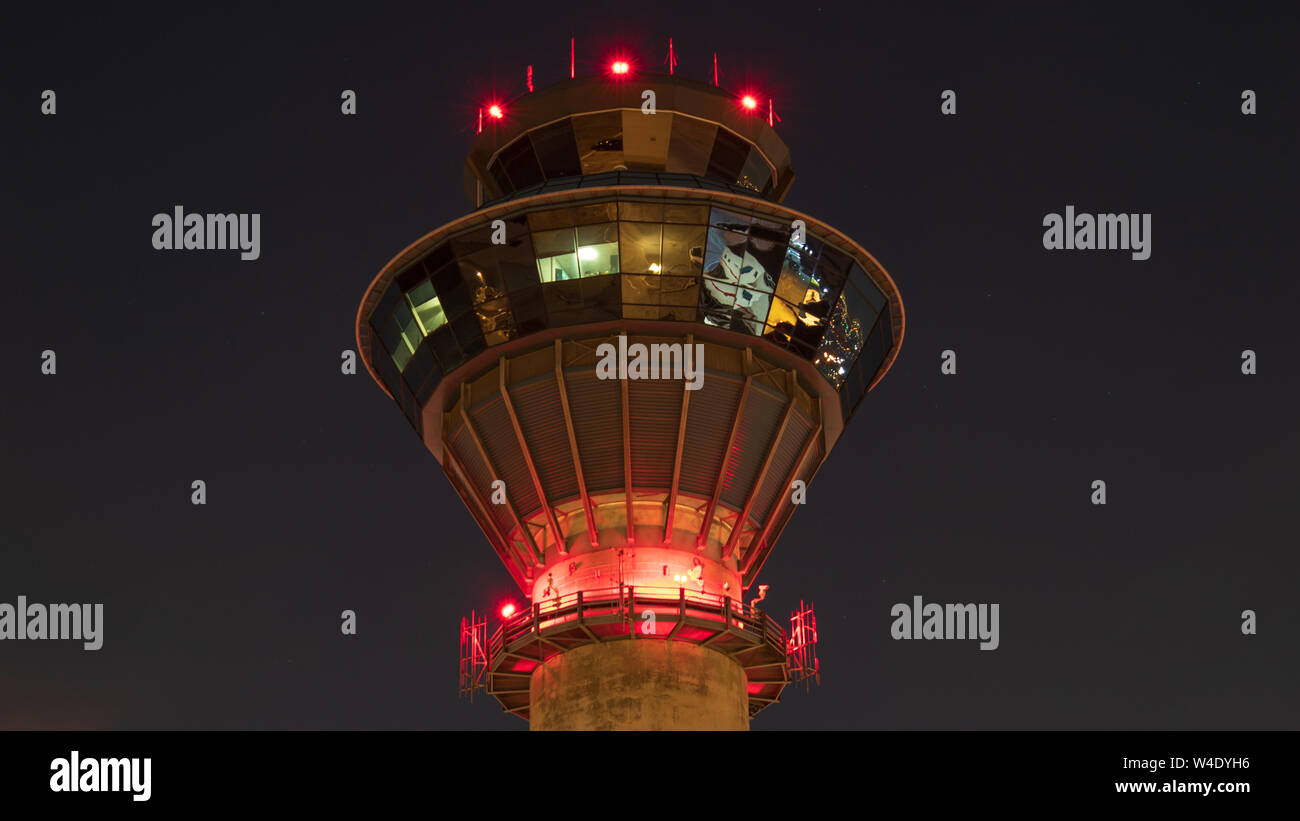 NavCanada Control Tower at Toronto Pearson International Airport (YYZ) as seen in the evening sky on a clear night. Stock Photo