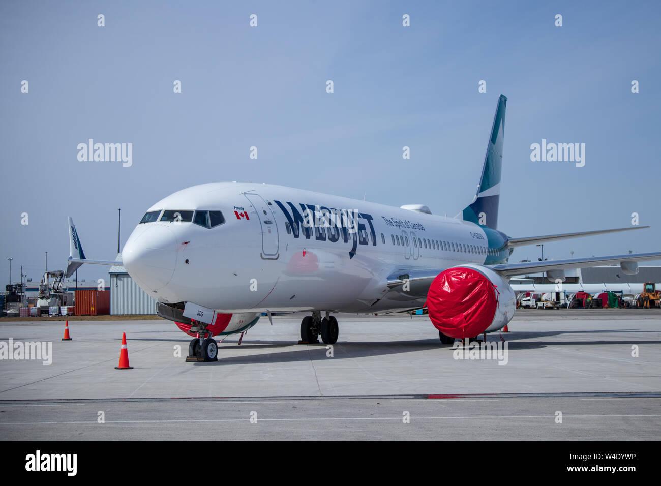 Grounded WestJet 737 MAX8 sits on the ramp at John C. Munro Hamilton