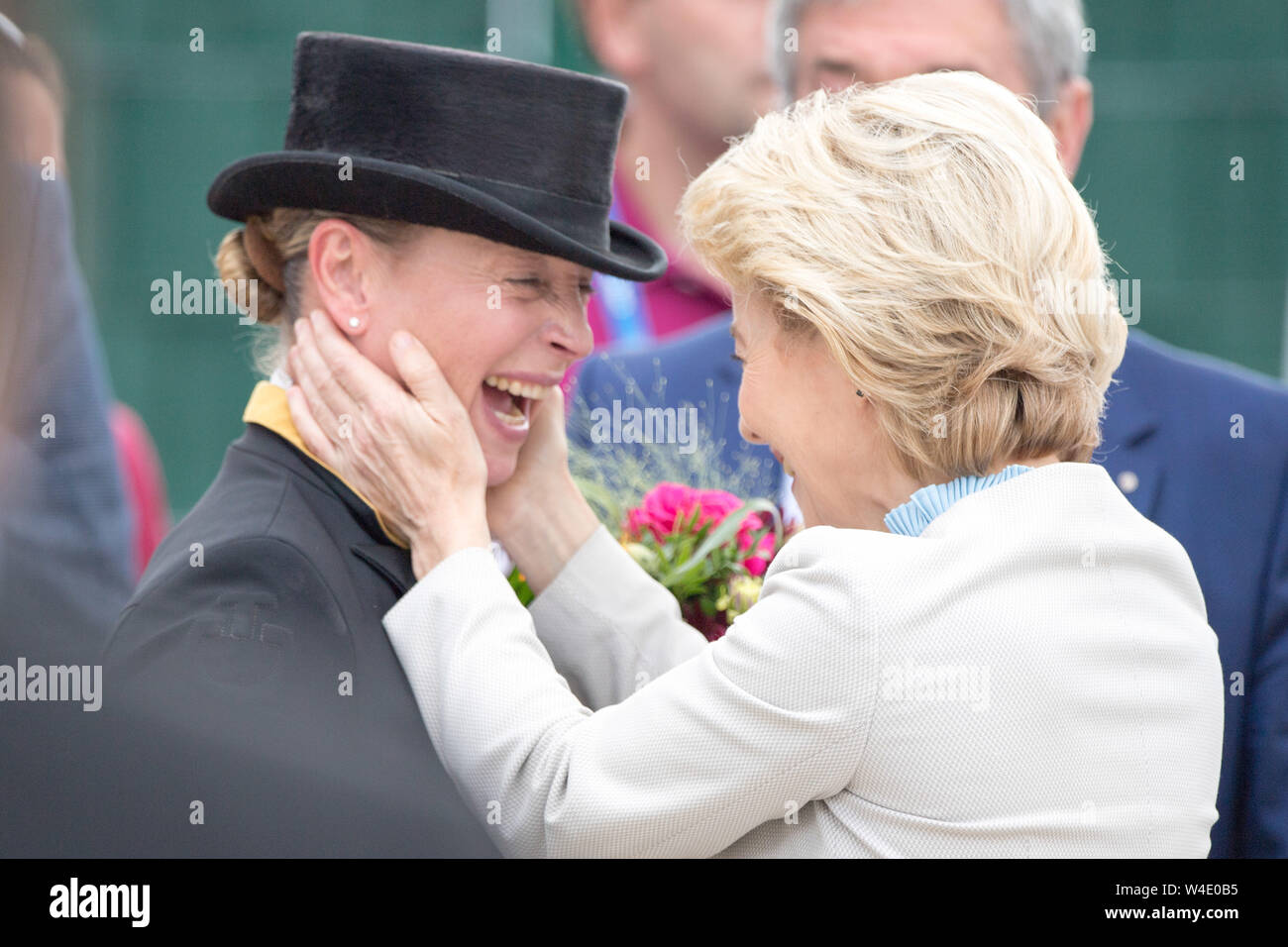 Ursula VON DER LEYEN, right, President of the European Commission,  congratulates the winner Isabell WERTH, GER, jubilation, cheering,  cheering, joy, cheers, celebrate, Deutsche Bank Prize, Grovuer dressage  award of Aachen Grand Prix