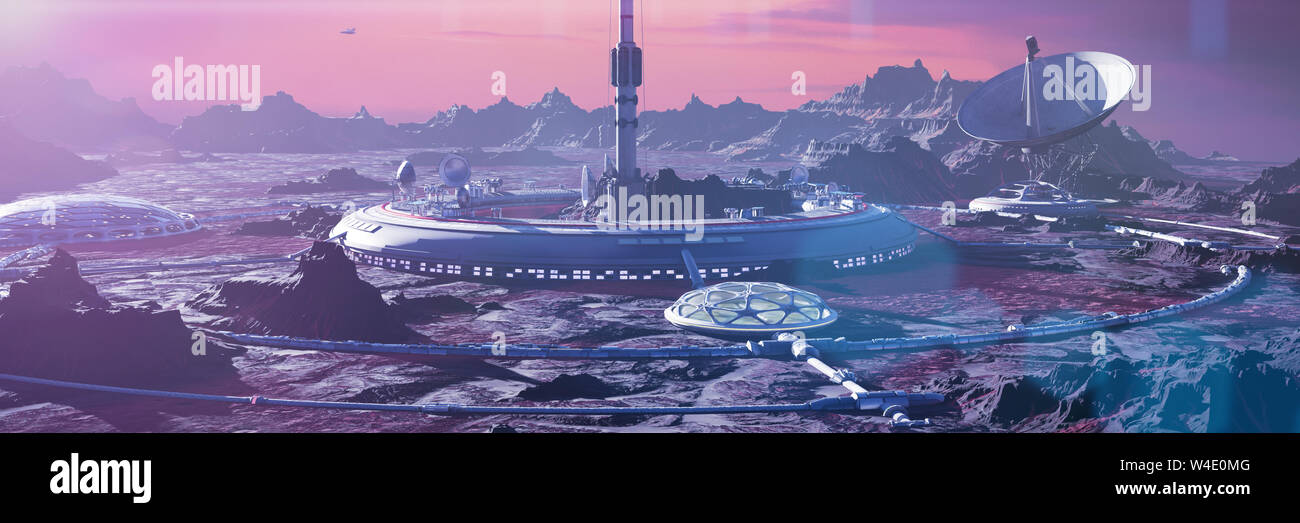habitat on Mars surface, human colony on the red planet (3d space landscape rendering banner) Stock Photo