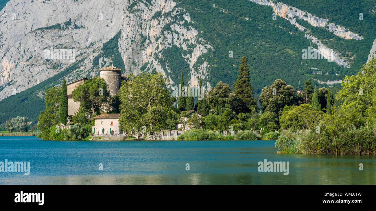 Lake and Castel Toblino, idyllic location in the Province of Trento, Trentino Alto Adige, northern Italy. Stock Photo