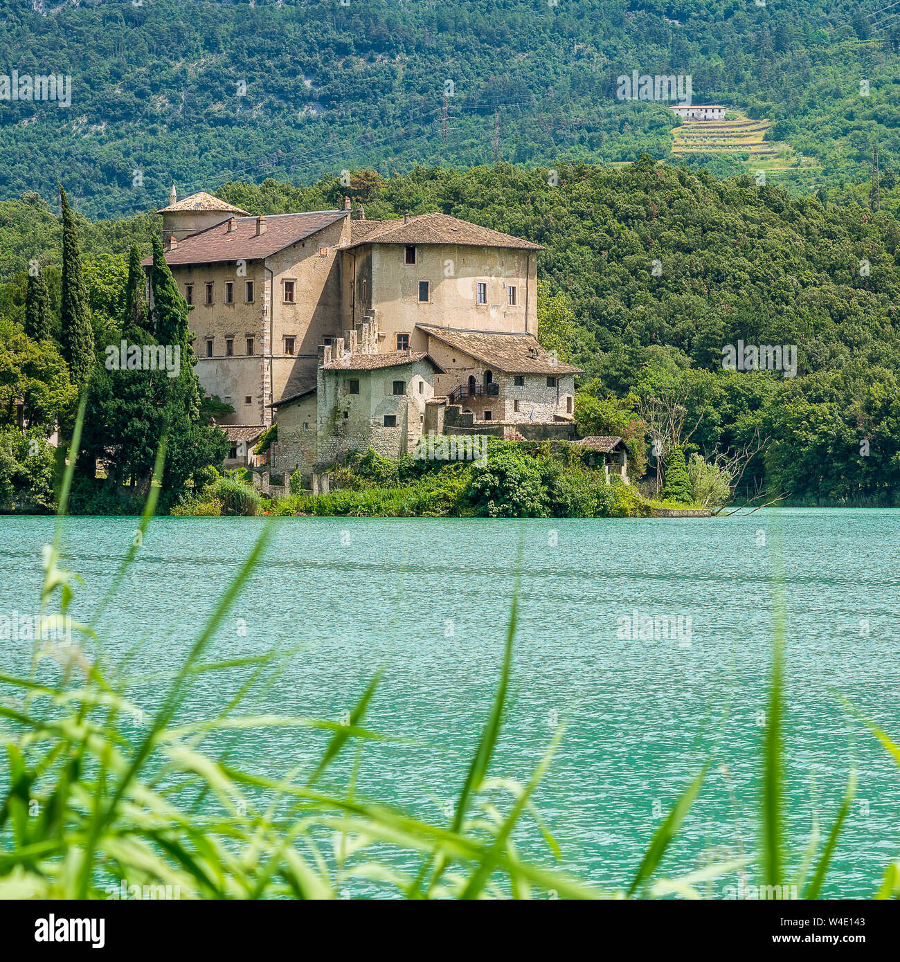 Lake and Castel Toblino, idyllic location in the Province of Trento, Trentino Alto Adige, northern Italy. Stock Photo