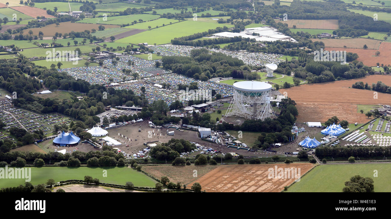 aerial view taken on Moon Landing Day 21st July 2019 of Bluedot Muisic Festival being held at Jodrell Bank, Cheshire Stock Photo