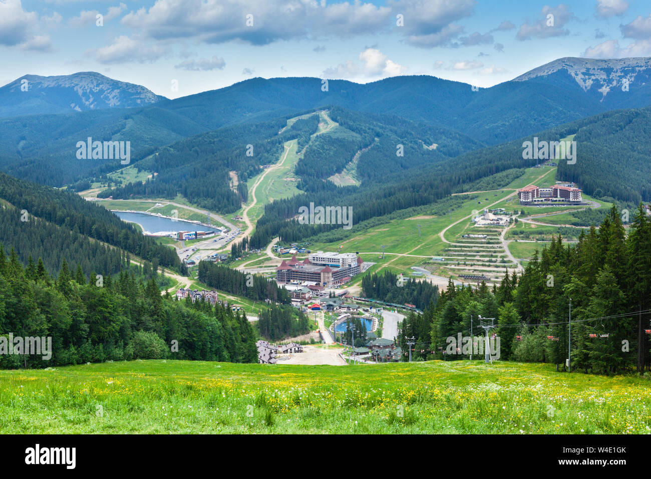 Ukraine. Resort Bukovel. Carpathians Mountains. June 14, 2019. Beautiful view of the summer Carpathians Mountains with forest, lakes and hotels in res Stock Photo