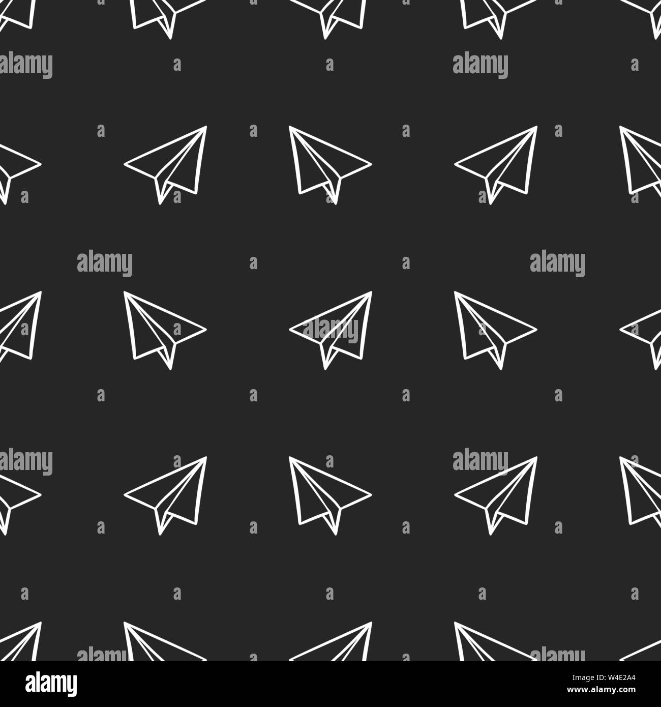 seamless pattern with paper airplanes in doodle, hand drawing style on a black background. Vector illustration Stock Vector
