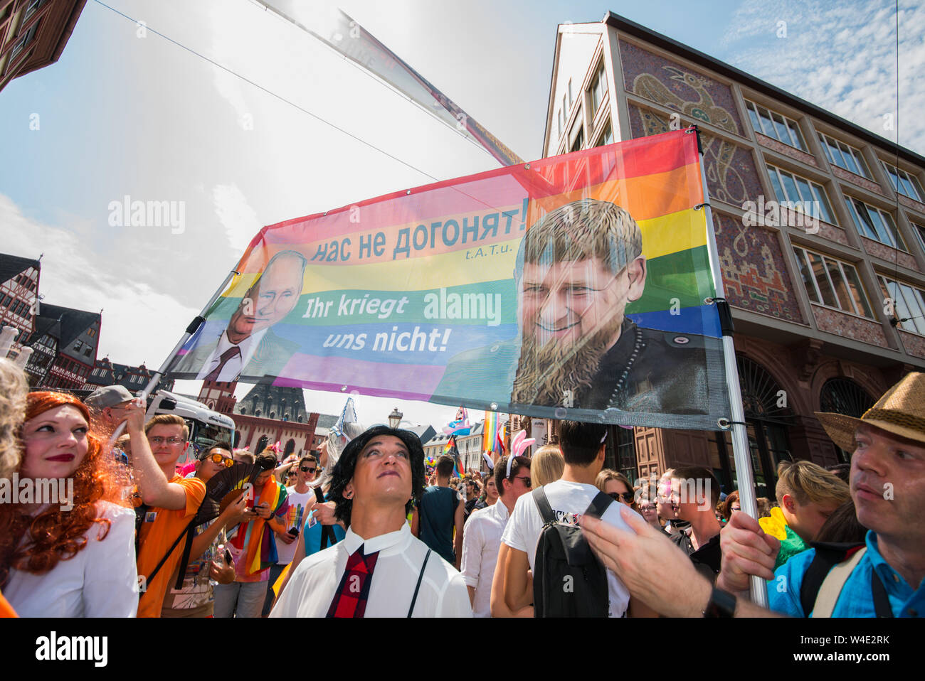 20 July 2019, Hessen, Frankfurt/Main: A banner alludes to a lack of tolerance in Russia. The motto of this year's Christopher Street Day (CSD) demonstration was '50 Years of Stonewall - We Are Movement'. The motto was intended to commemorate the origin of the movement 50 years ago in New York. Photo: Andreas Arnold/dpa Stock Photo