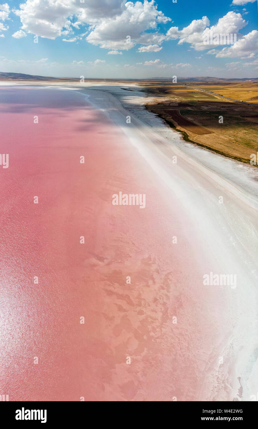 Aerial view of Lake Tuz, Tuz Golu. Salt Lake. Red, pink salt water. It is the second largest lake in Turkey and one of the largest hypersaline lakes Stock Photo