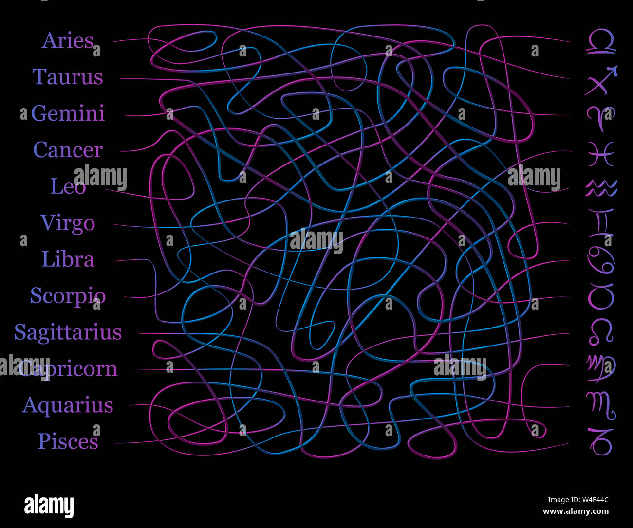 Astrology symbols maze. Sign of the zodiac labyrinth. Find the right way of the tangled mystical lines to connect the names with the symbols. Stock Photo