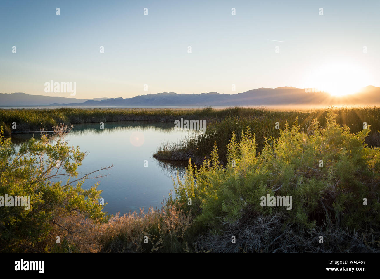 A view of the Black Rock Hot Spring near Gerlach, Nevada during a dramatic sunset with mist and mountains in the distance. Stock Photo