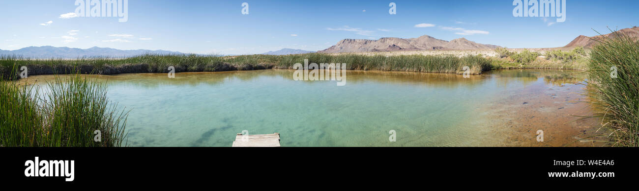 A panoramic view of the Black Rock Hot Spring near Gerlach, Nevada on a sunny day. Stock Photo