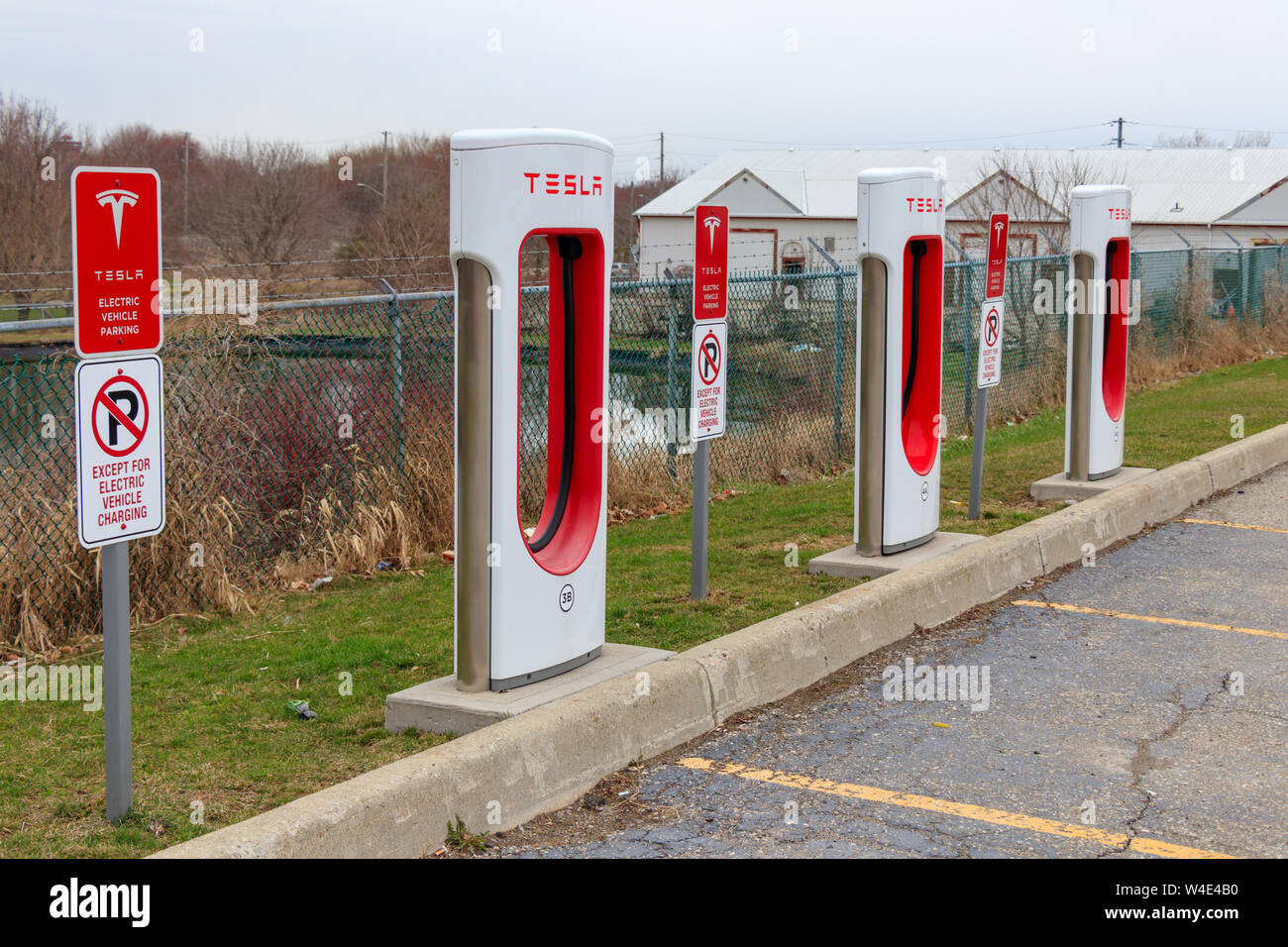 Three Tesla Supercharger Stalls Stock Photo