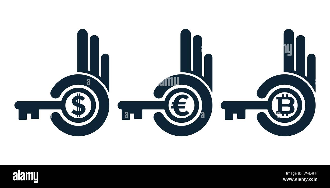 Abstract hands holding keys with currencies.  Financial concepts on black and white background. Stock Vector