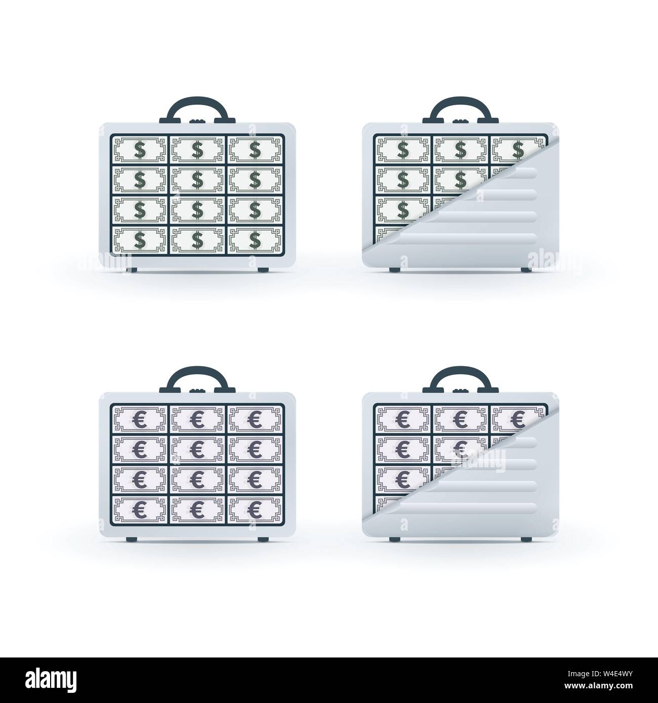 Briefcases full banknotes. Financial vector icons on white background. Stock Vector