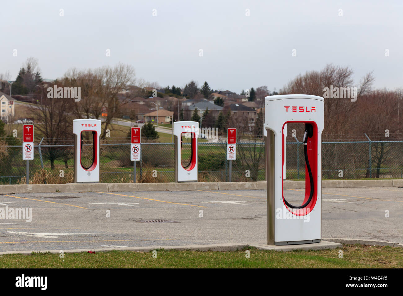 Tesla Supercharger Stall at Woodstock, Ontario Station. Stock Photo
