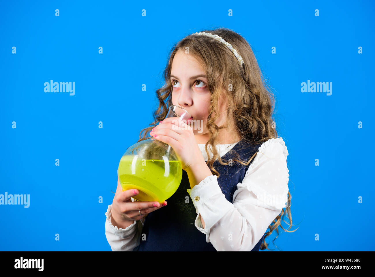 science research in lab. Small school girl. education and knowledge. Future. small girl scientist with testing flask. back to school. child study bilogy lesson. Ready for his final exam. Stock Photo