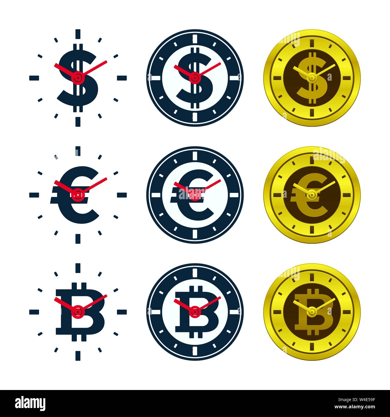 Currencies and clock faces. Money and time concept design Stock Vector