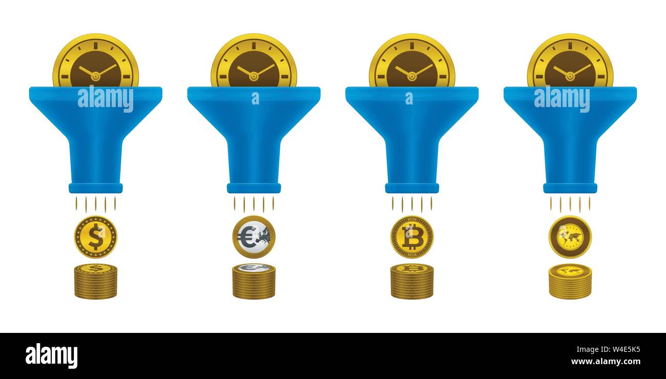 Time turning into money. Coin, clock and funnel icons. Financial ...