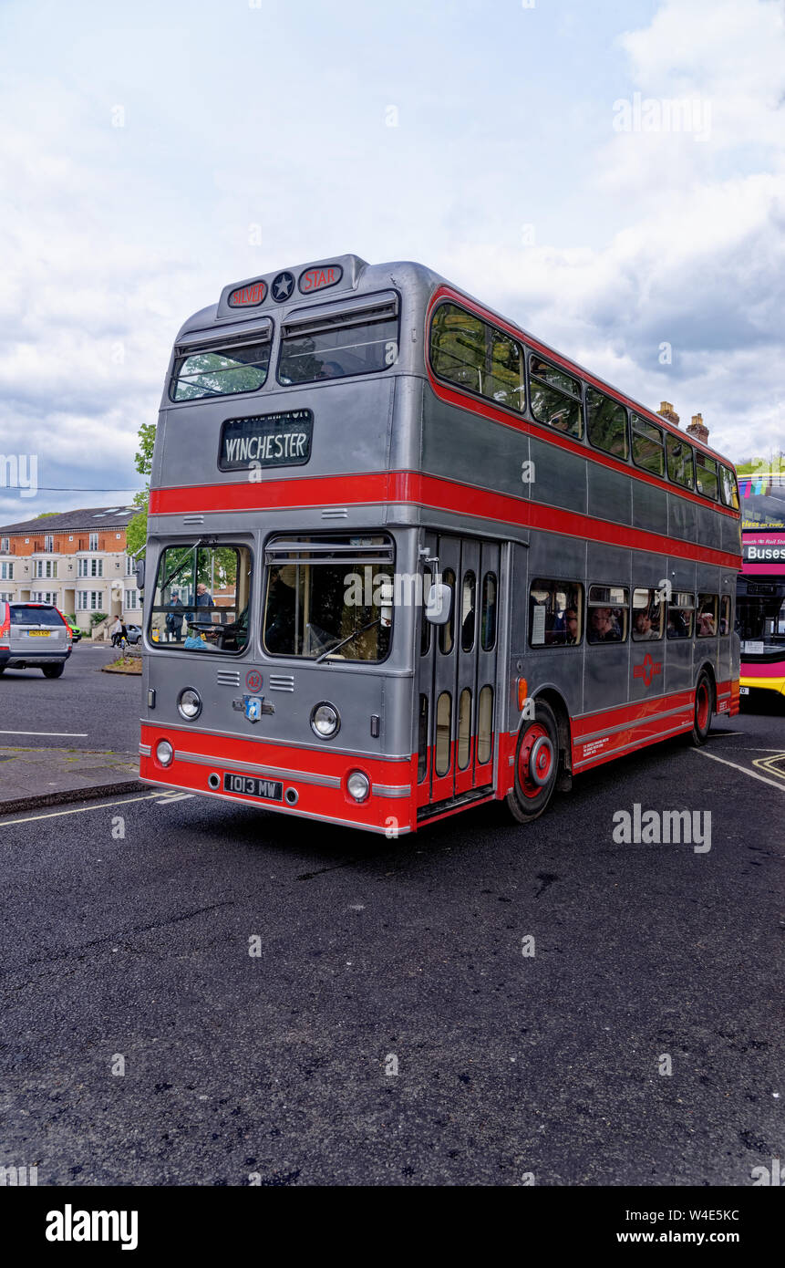 Silver double decker Leyland Atlantean on Vintage Bus Event in Winchester, Hampshire, United Kingdom. Photo taken on 6th May 2019. Stock Photo