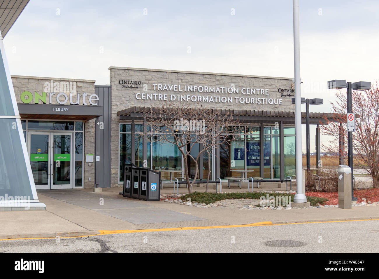 Entrance of Tilbury ONroute Travel Stop along Ontario 401 Highway. Stock Photo