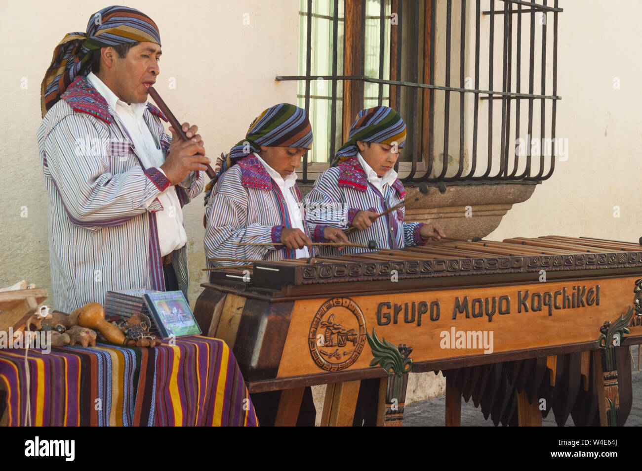 Guatemala, Antigua, street musicians in traditional dress Stock Photo