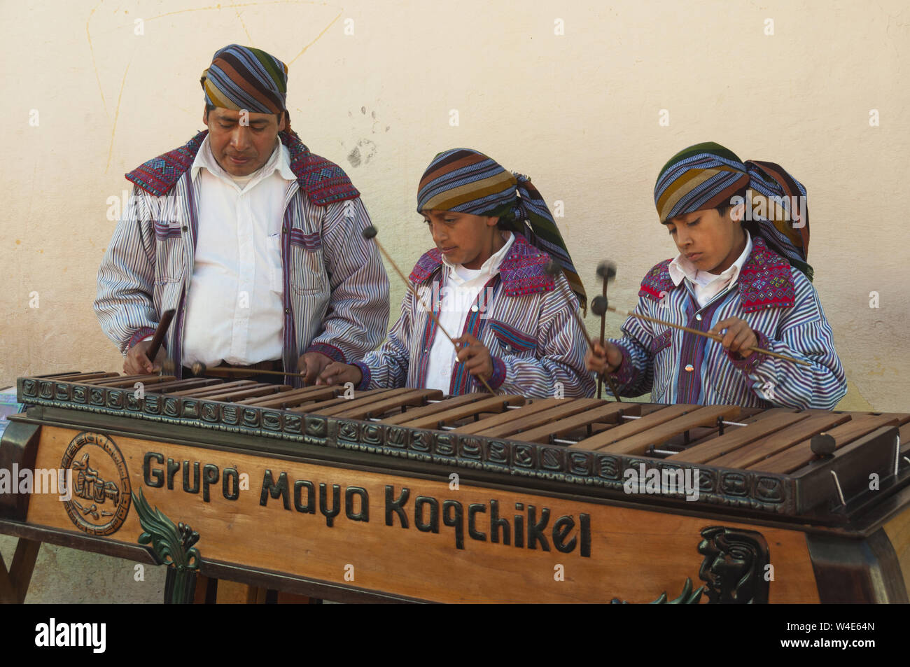 Guatemala, Antigua, street musicians in traditional dress Stock Photo
