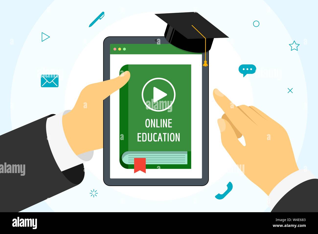 Hand holding tablet with online course green cover book. Distance education concept with play video button and graduation cap. E-learning studying and Stock Vector