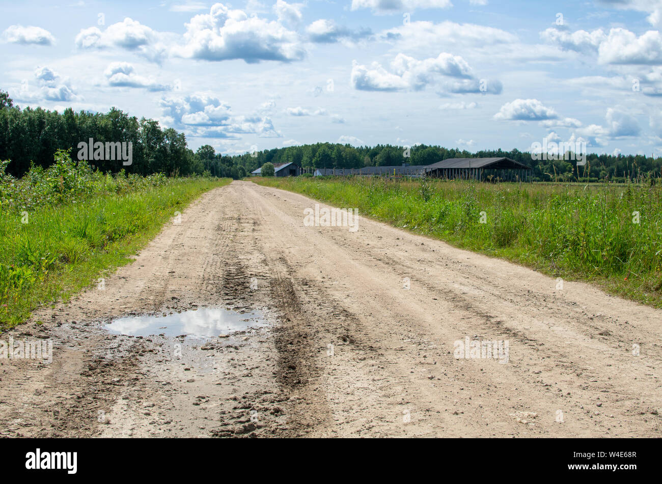 A muddy road in a rural countryside landscape in summer. Stock Photo