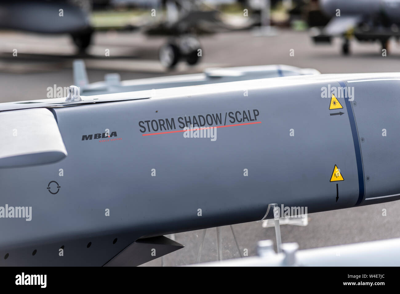 MBDA Storm Shadow, Scalp. Weapons from RAF Typhoon jet fighter on display at Royal International Air Tattoo airshow, RAF Fairford, UK Stock Photo