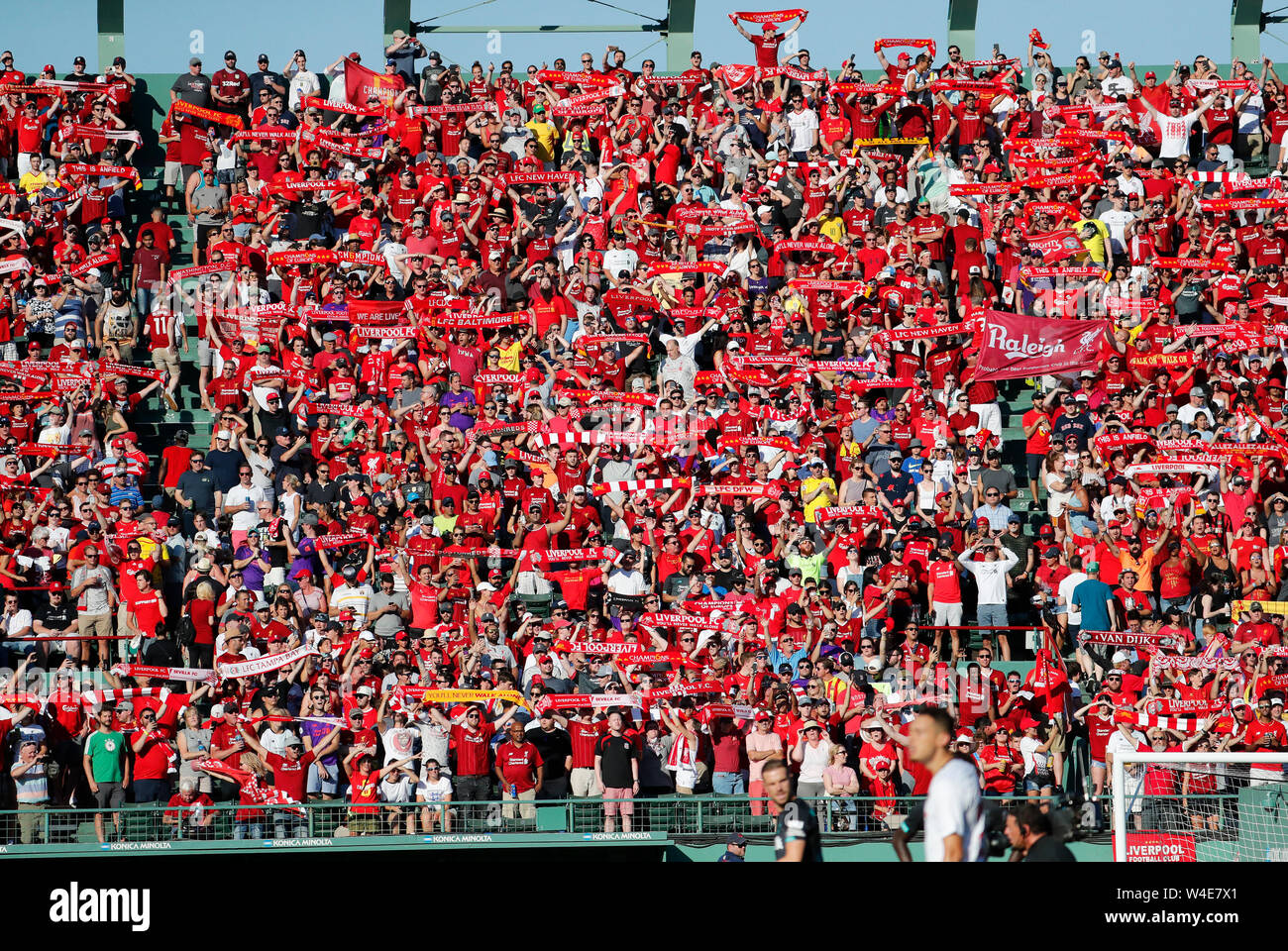 Fenway Park, Boston, USA. 21st July, 2019. The bleachers are awash in red as 'You'll Never Walk Alone' is sung before a club friendly between Liverpool FC and Sevilla FC on July 21, 2019, at Fenway Park in Boston, Massachusetts. Credit: Action Plus Sports/Alamy Live News Stock Photo