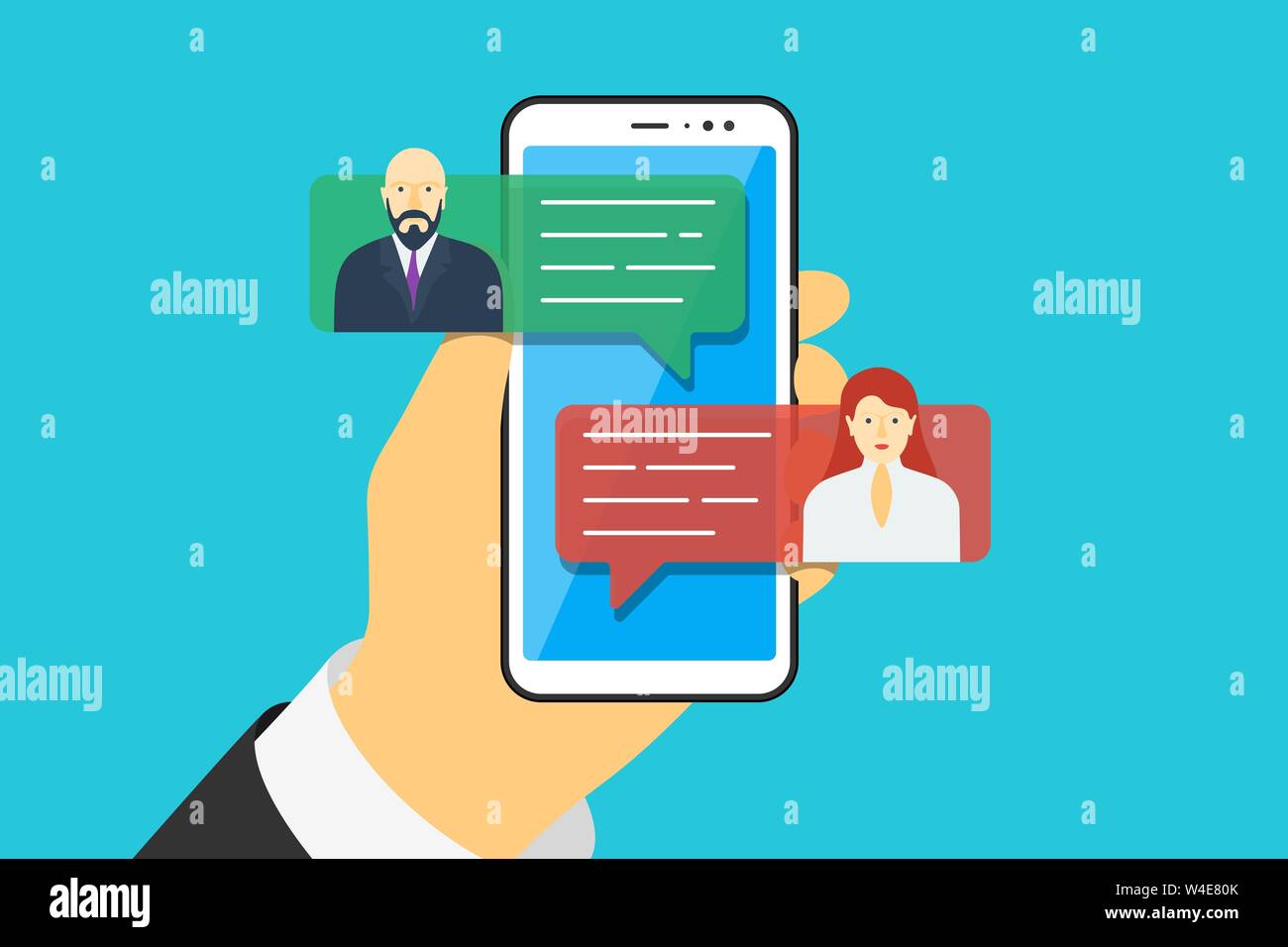 Mobile phone chat message notifications vector illustration on blue background. Hand holding smartphone and chatting bubble speeches. Online talking Stock Vector