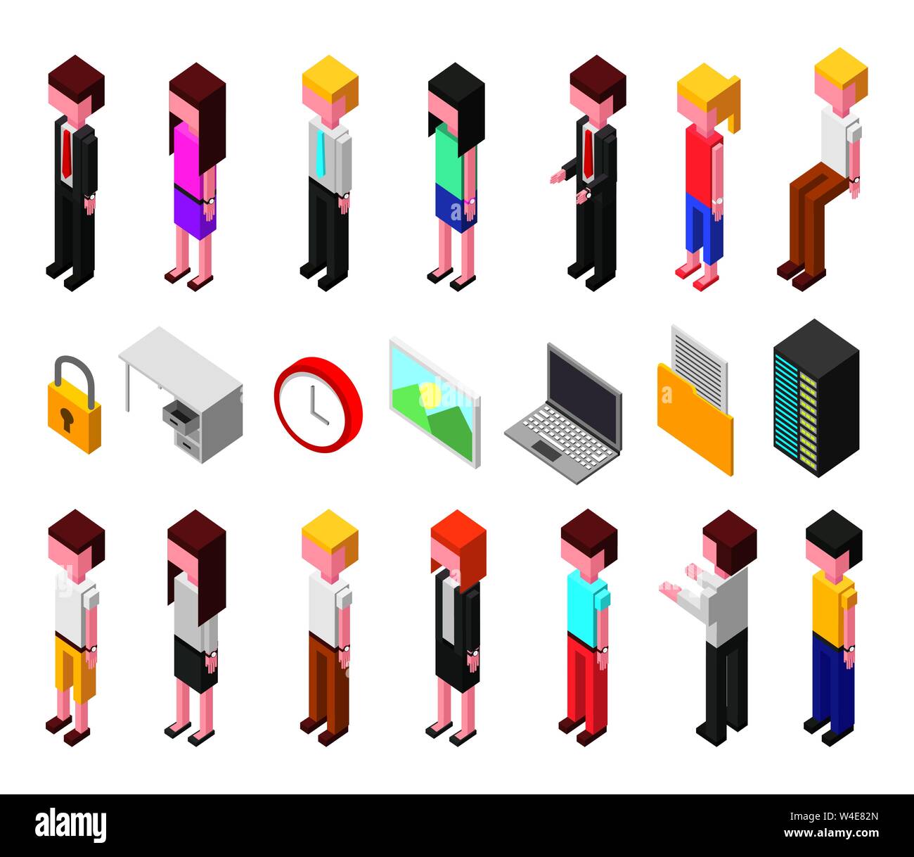 bundle of data center and users avatars isometric set icons Stock ...
