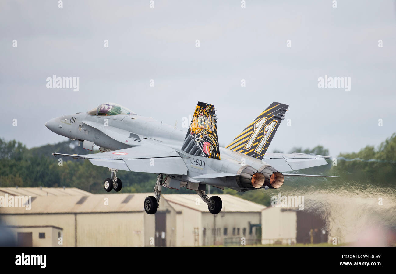 F/A-18C Hornet of the Swiss Air Force displaying at the 2019 RIAT air show, Fairford, Gloucestershire, uk Stock Photo