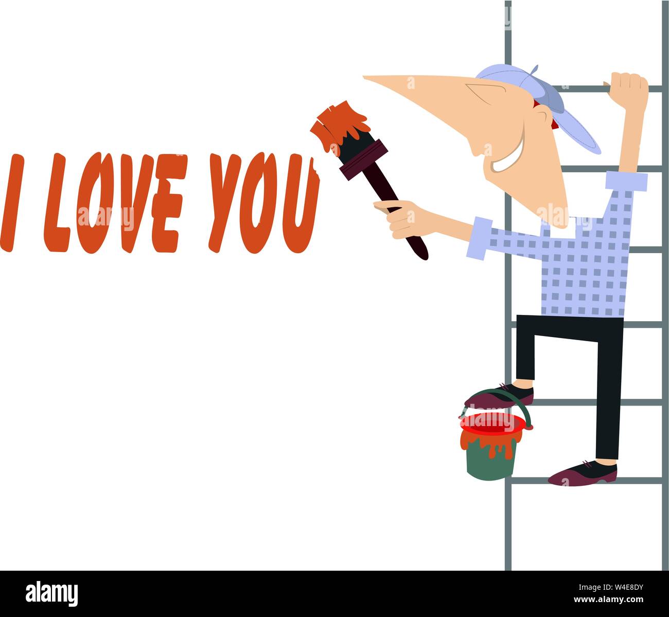 Man writes love inscription illustration. Smiling man stands on the ladder and paints sign I love you using a brush and bucket of paint isolated on wh Stock Vector