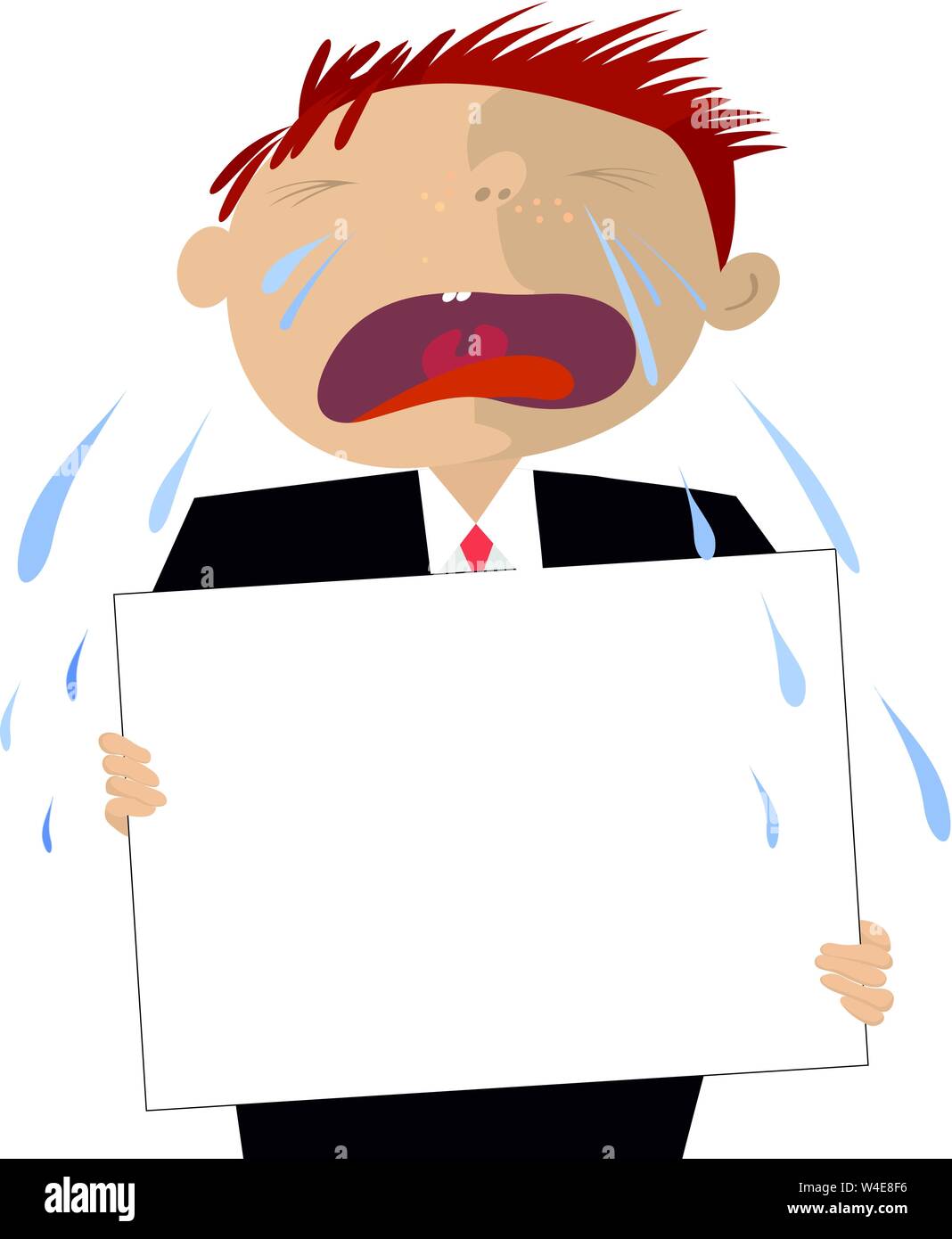 Sobbing man with a banner illustration Crying man with banner and many tears isolated on white Stock Vector